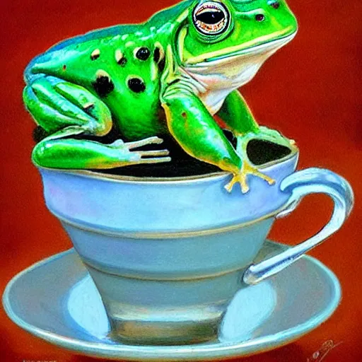 Image similar to 🐸 drinking ☕ by james gurney.