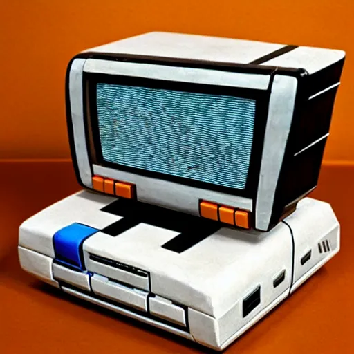 Prompt: a ceramic sculpture of a retro crt television and super nintendo game console, television and super nintendo game console made by ancient taino and aztec