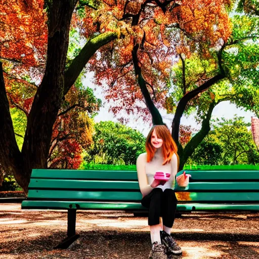 Image similar to Emma Stone sitting on a bench and drinking coffee in a park filled with trees, sharp focus, highly detailed, 4K, colorful, portrait photography, medium shot