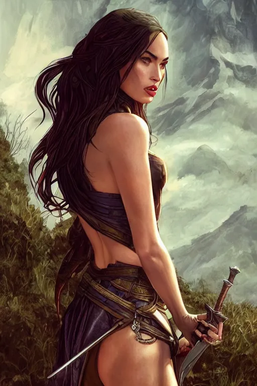 Image similar to megan fox as a heroine with a dress inspired by the witcher, digital painting, artstation, concept art, smooth, sharp focus, illustration, in-frame, centered, art by artgerm and donato giancola and Joseph Christian Leyendecker, Ross Tran, WLOP