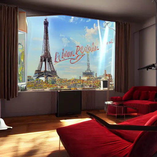 Image similar to A screenshot of a photorealistic Virtual Reality music studio, living room vibe, Paris hotel style, red velvet furniture, light rays coming out of the windows, the window has a view on Paris, raytracing, highly detailed, futuristic, unreal engine 5, photoscanned, photorealistic,