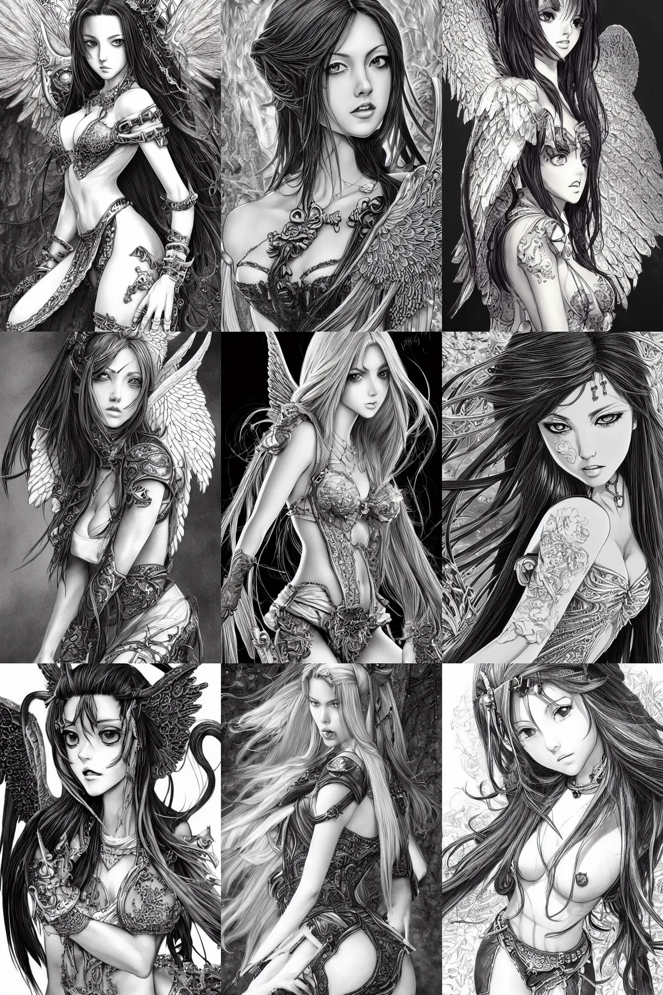 Prompt: alluring highly-detailed pen and ink manga of an attractive young female angel (played by a youthful Jenna Haze from 2003), clothed in a chesty fantasy outfit, intricate, elegant, highly detailed, digital painting, trending on Artstation, concept art, smooth, sharp focus, illustration, in the style of artgerm and greg rutkowski and alphonse mucha