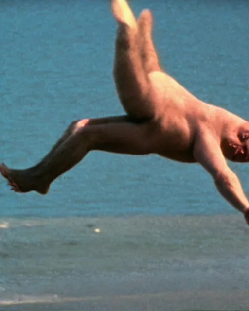 Image similar to film still close - up shot of boris johnson doing a somersault on the beach from the movie monty python's the meaning of life. photographic, photography