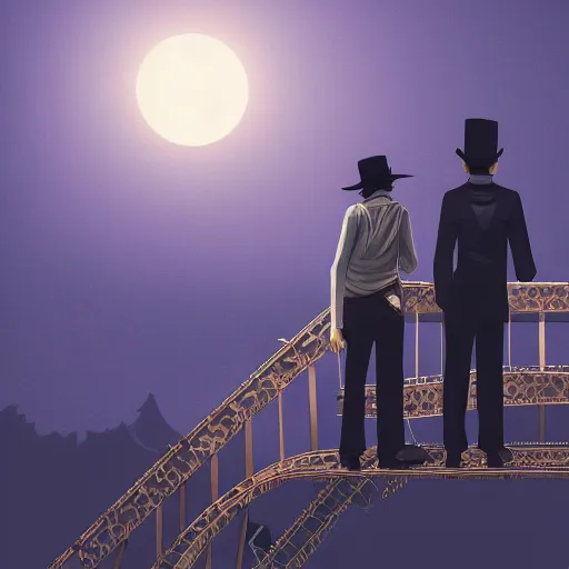 Image similar to two young men, one man human, one man vampire, night, on a birdge, detailed, intricate, aesthetic, artistic, 8 k resolution in the style of one piece