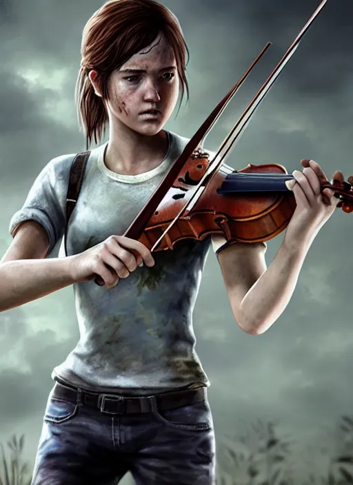 Prompt: ellie from the last of us in a white dress playing the violin on stage. hyperrealistic oil painting, 4k, very detailed faces, art station