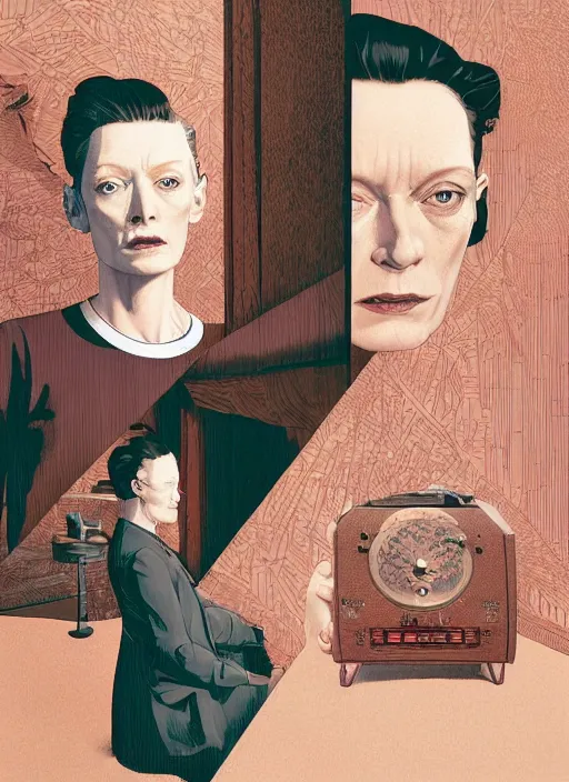 Prompt: Twin Peaks poster artwork by Michael Whelan, Bob Larkin and Tomer Hanuka, Karol Bak of portrait of radio host Tilda Swinton hanging out in her studio radio sound booth, from scene from Twin Peaks, simple illustration, domestic, nostalgic, from scene from Twin Peaks, clean