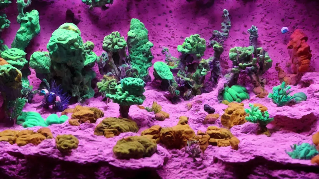 Image similar to an alien world contained in an aquarium made of plasticine