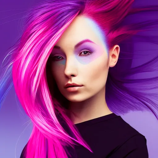 Image similar to a award winning half body portrait of a beautiful woman in a coprtop with a ombre purple pink hairstyle with head in motion and hair flying, outrun, vaporware, vivid colors, highly detailed, fine detail, intricate