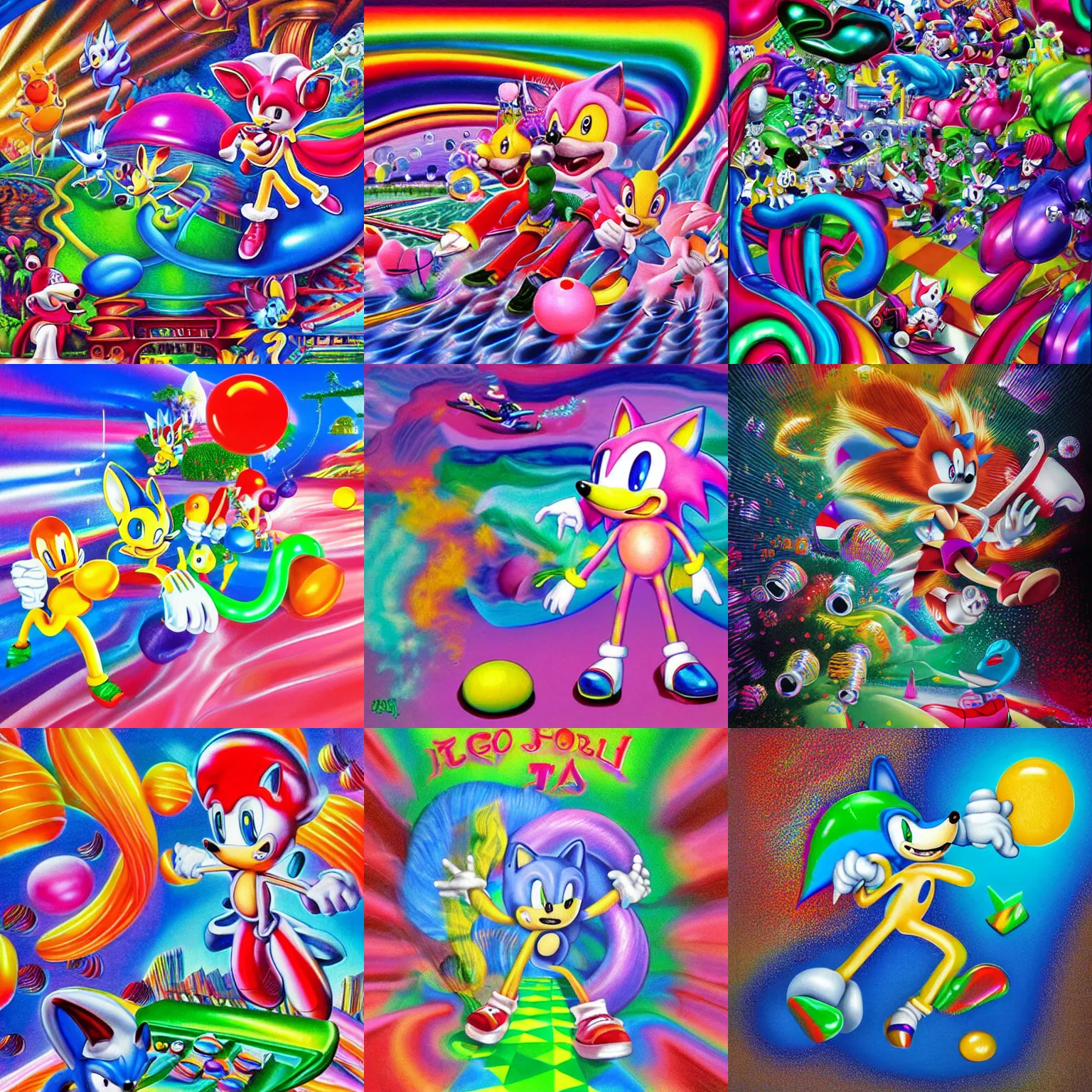 Prompt: surreal, sharp, detailed professional, soft pastels, high quality airbrush art album cover of a liquid bubbles airbrush art lsd taffy dmt sonic the hedgehog dashing through cotton candy, iridescent checkerboard background, 1 9 9 0 s 1 9 9 2 sega genesis rareware video game album cover