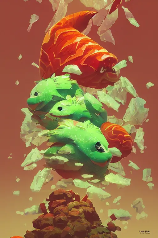 Image similar to 3 d render creature animal sushi cristal very big eye roots cactus elemental flush of force nature micro world fluo fishscale, comics gta 5 cover, official fanart behance hd artstation by jesper ejsing, by rhads, makoto shinkai and lois van baarle, ilya kuvshinov, ossdraws