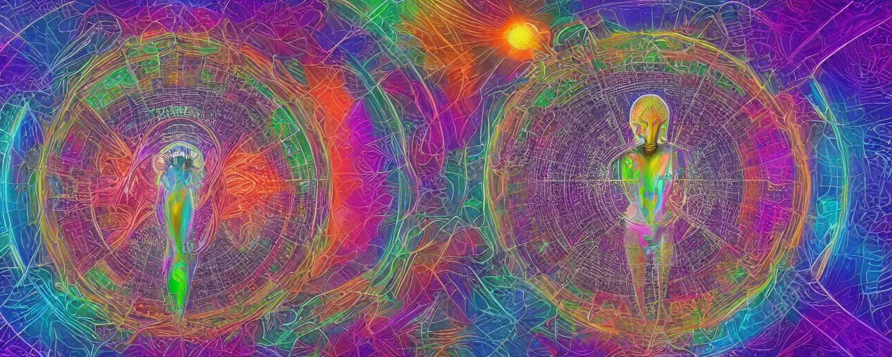 Image similar to transformation, transcendence into collaborative intelligence, endless collaboration with ai, connectedness, body, by alex grey, album cover, award winning, beautiful, colorful, volumetric lighting, trending on artstation, cinematic