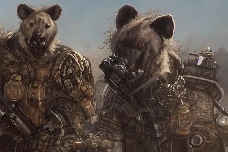 Image similar to a good ol'hyena fursona ( from the furry fandom ), heavily armed and armored facing down armageddon in a dark and gritty version from the makers of mad max : fury road. witness me.