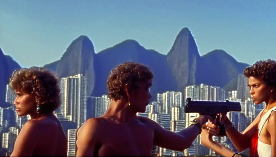 Prompt: 1 9 8 6 movie screencap of a couple with a gun on a rio de janeiro, gucci clothes, sparkes sky, beautiful favela background extremely utra high quality artwork 8 k