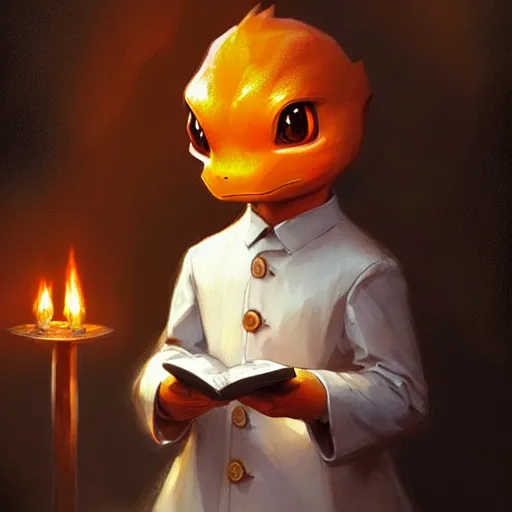 Image similar to charmander in his first communion, art by greg rutkowski, intricate, elegant, highly detailed, smooth, sharp focus, artstation