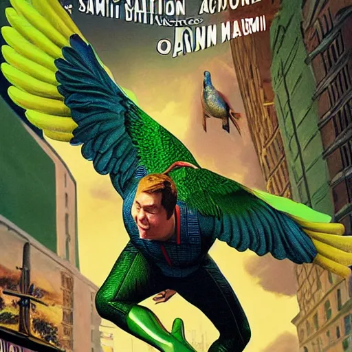 Image similar to action green suit Pigeon hero Sam Raimi and Jon Watts blockbuster movie poster, featuring Marvel Majestic Fat Pigeon in a extravagant full pigeon green body suit by Alex Ross, oil painting