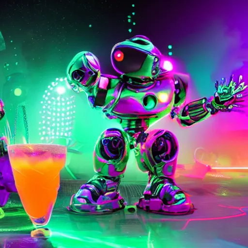 Image similar to robodad cybercore disco rave. icy colorful drink. bright scene. fine detail. this 4 k hd image is trending on artstation, featured on behance, well - rendered, extra crisp, features intricate detail, epic composition and the style of unreal engine.