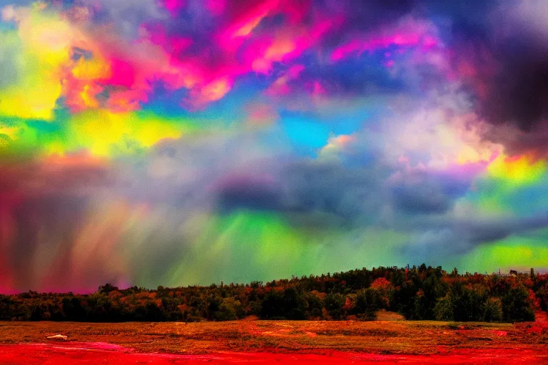 Image similar to Under a technicolor sky, with rain, saturated, 4k landscape