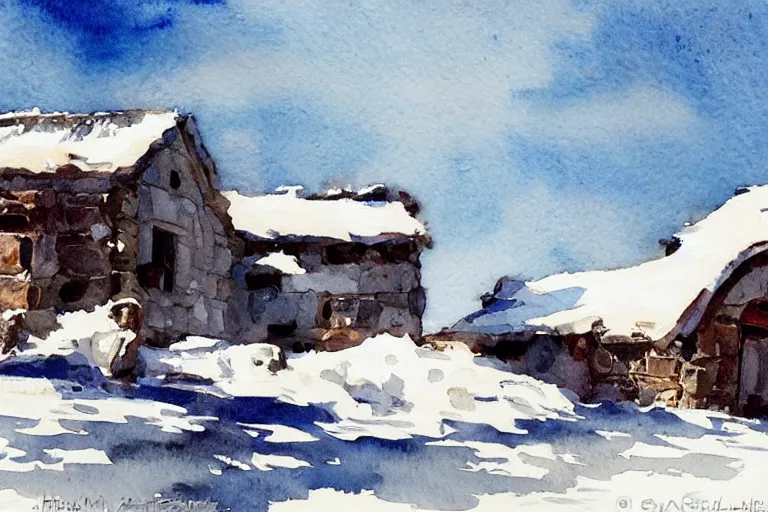 Prompt: small centered on watercolor paper, paint brush strokes, abstract watercolor painting of ancient viking house ruins in snow, daylight, blue sky, cinematic light, national romanticism by hans dahl, by jesper ejsing, by anders zorn, by greg rutkowski, by greg manchess, by tyler edlin