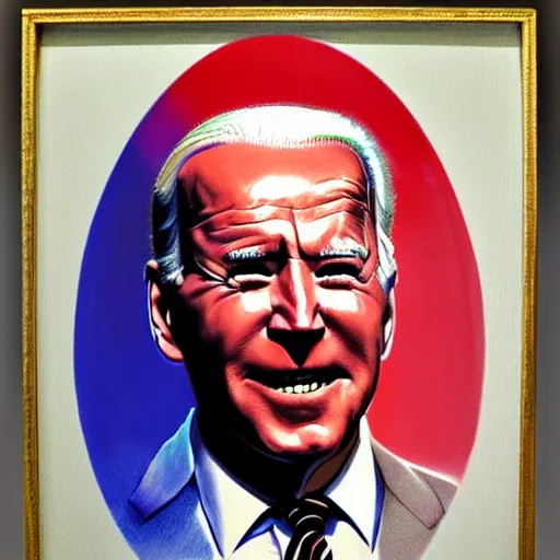 Image similar to Joe Biden flying in the sky as a divine god, Biden has glowing red eyes, oil painting