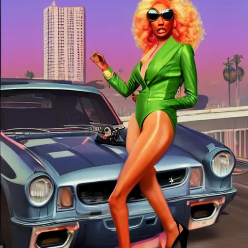 Image similar to rupaul in gta v, cover art by stephen bliss, artstation, no text