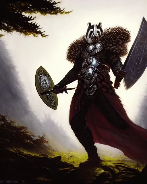 Image similar to Badger Warrior holding huge shield, forest background, D&D, artstation, fantasy, magic the gathering artwork, cinematic lighting, centered, symmetrical, highly detailed, digital painting, , concept art, smooth, sharp focus, illustration, volumetric lighting, epic Composition, 8k, art by Akihiko Yoshida and Greg Rutkowski and Craig Mullins, oil painting, cgsociety