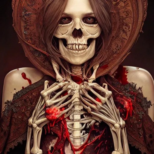 Image similar to human skeleton covered with blood, ultra realistic, concept art, intricate details, highly detailed, photorealistic, octane render, 8 k, unreal engine. art by artgerm and greg rutkowski and alphonse mucha