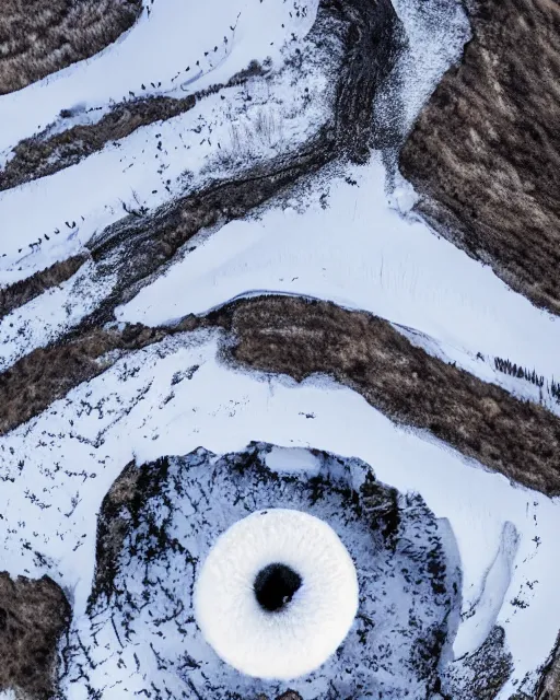 Image similar to a snowy owl's nest in the alps, zoomed out, shot from drone, iphone capture