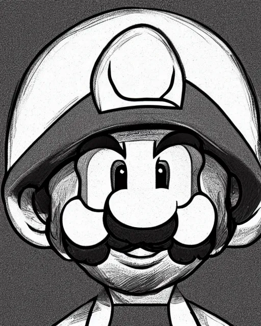 Prompt: mario with mushrooms, hyper realism, fine details, deviantart artstation, extremely detailed, black and white, very sharp, in the style of albrecht durer