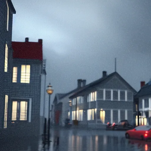 Image similar to dark rainy night, lights, swedish red houses, cars driving, rain on screen, realistic, cinematic, raytracing, intense detail, artstation