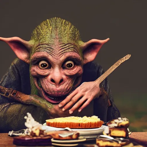 Image similar to closeup portrait of a medieval goblin eating cakes in the cloisters, depth of field, zeiss lens, detailed, symmetrical, centered, fashion photoshoot, by annie leibovitz and steve mccurry, david lazar, jimmy nelsson, breathtaking, 8 k resolution, extremely detailed, beautiful, establishing shot, artistic, hyperrealistic, beautiful face, octane render