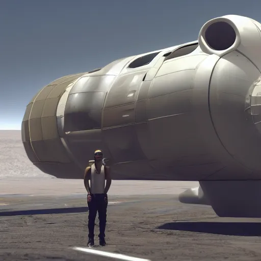 Prompt: a man in a white tank top and dirty gloves smilling and standing near a space vehicle, award winning, trending on artstation, unreal engine