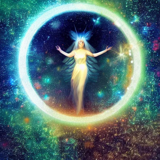 Prompt: Angel in the universe, surrounded by a light circle, glowing, high saturation, cinematic light effect, realistic, adding detail, rococo style, high definition