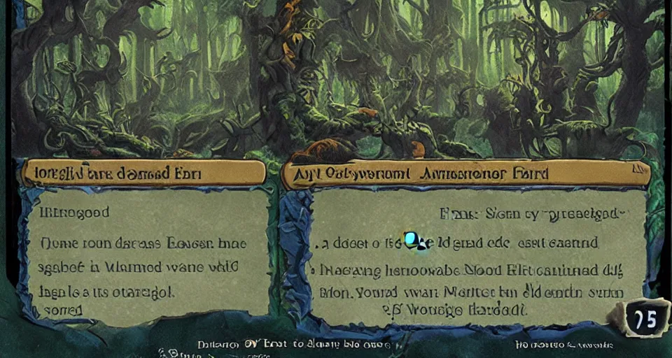 Prompt: A dense and dark enchanted forest with a swamp, from Hearthstone