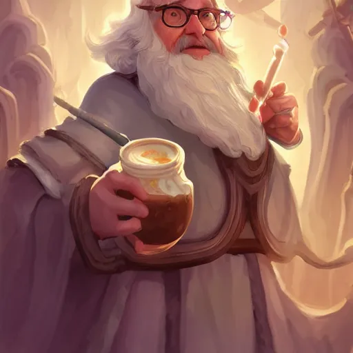 Prompt: gendalf in glasses with milkshake in the hands, fantasy, magic, intricate, elegant, highly detailed, digital painting, concept art, matte, sharp focus, illustration, hearthstone