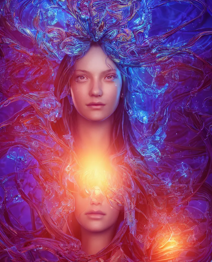 Image similar to close-up macro portrait of the face of a beautiful princess, epic angle and pose, symmetrical artwork, 3d with depth of field, blurred background, cybernetic jellyfish female face skull phoenix bird, translucent, nautilus, energy flows of water and fire. a highly detailed epic cinematic concept art CG render. made in Maya, Blender and Photoshop, octane render, excellent composition, cinematic dystopian brutalist atmosphere, dynamic dramatic cinematic lighting, aesthetic, very inspirational, arthouse. y Greg Rutkowski, Ilya Kuvshinov, WLOP, Stanley Artgerm Lau, Ruan Jia and Fenghua Zhong