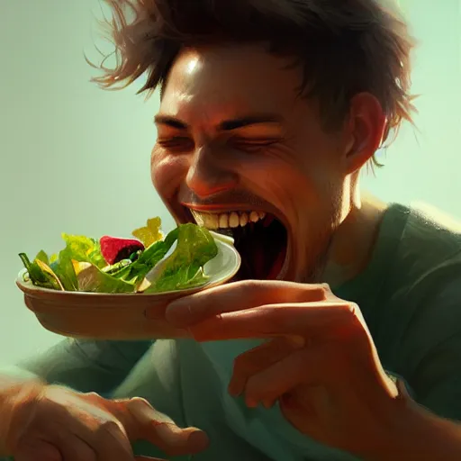 Image similar to an illustration of a young man eating salad and laughing,hyperdetailed,detailed face,art by greg rutkowski,trevor henderson,artstation,deviantart