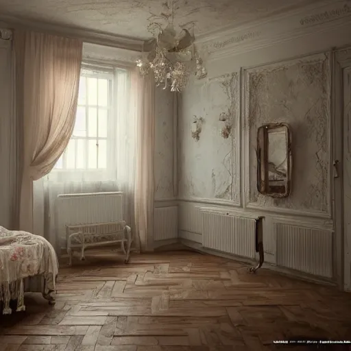 Prompt: a detalied 3 d render of a shabby chic room, by valentin franke, ilya galinsky trending of artstation, photorealism