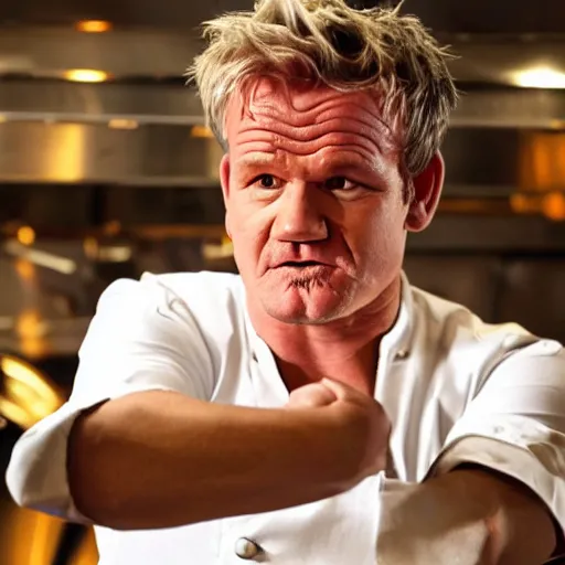 Prompt: gordon ramsey attempts to contain his unending rage when his risotto comes out dry