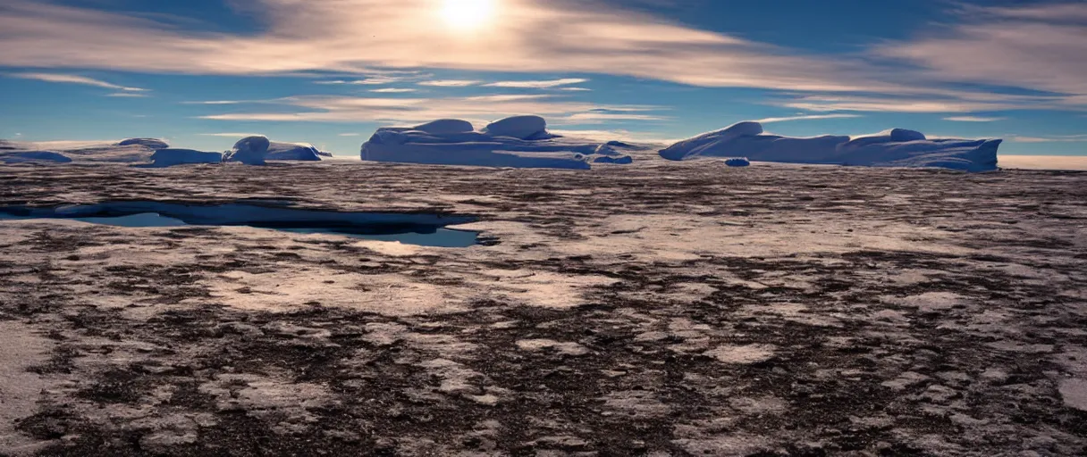 Image similar to a high quality color extreme closeup depth of field creepy hd 4 k film 3 5 mm photograph vista point pov of mcmurdoch station in antarctica at the beginning of sunset