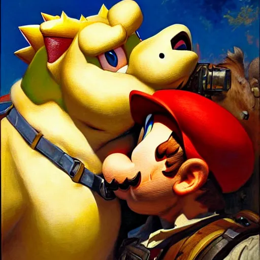 Image similar to a portrait of a super mario kissing bowser. highly detailed painting by gaston bussiere, craig mullins, j. c. leyendecker, furry