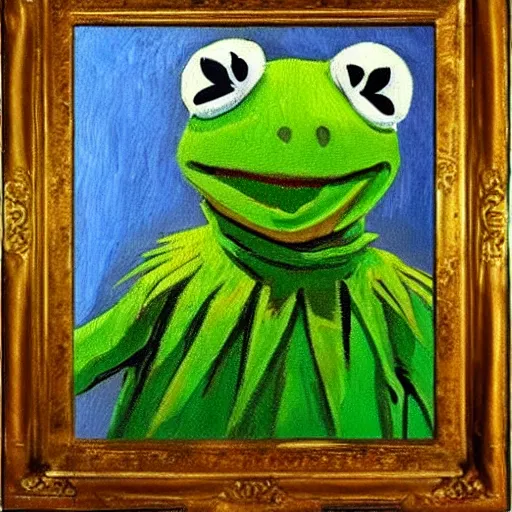 Image similar to kermit portrait, oil painting, visible brush strokes, by van gogh