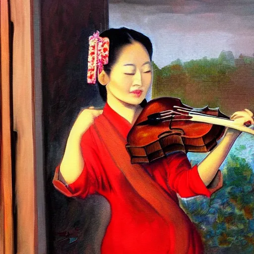 Prompt: painting of beautiful asian woman playing violin in front of a window