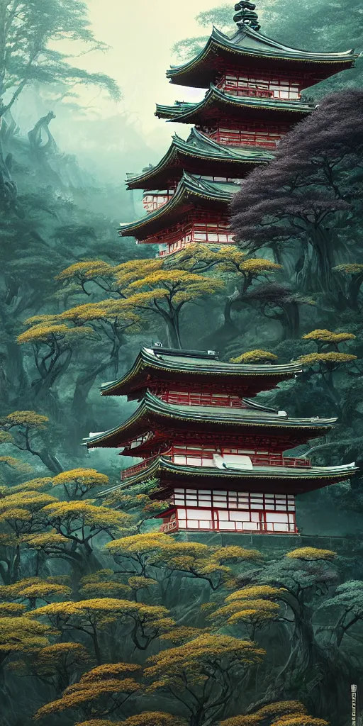 Image similar to japanese style palace on a mountain overgrown by glowing mushrooms, hyper realistic, lush gnarly plants, 8 k, denoised, by greg rutkowski, tom bagshaw, james gurney cinematic lighting