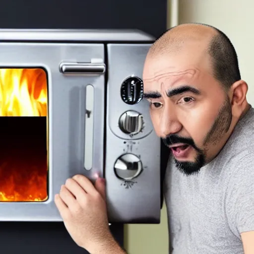 Prompt: bald mexican man with a goatee is shocked that his toaster oven is on fire