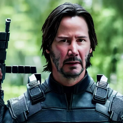 Prompt: film still of Keanu Reeves as Hawkeye in Avengers Endgame