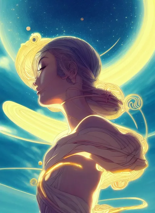 Image similar to a golden woman 2/3 figurative anime portrait, in space, head breaking apart and spiraling geometry into the sky upwards into another dimension, lazer light beaming down to top of her head, by james jean, artgerm, featured in artstation, elegant, Moebius, Greg rutkowski