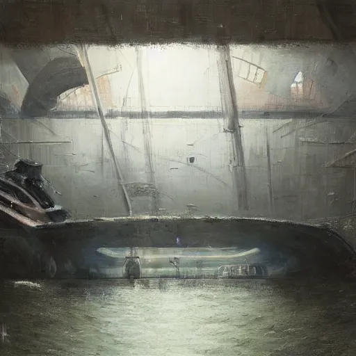 Prompt: Makeshift submarine powered by magic in a dry dock, by Ruan Jia