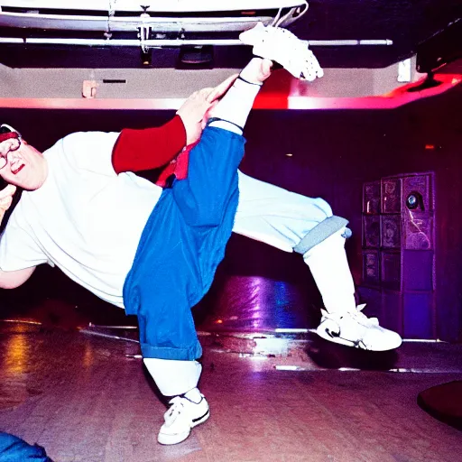 Image similar to Peter Griffin break dancing in a nightclub, 1990 photograph