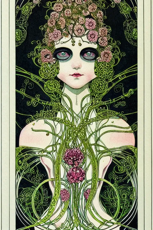 Prompt: centered detailed front view portrait of a beautiful female android with ornate flowers growing around, inside a vine frame ornamentation, flowers, elegant, dark and gothic, full frame, art by kay nielsen and walter crane, illustration style, watercolor