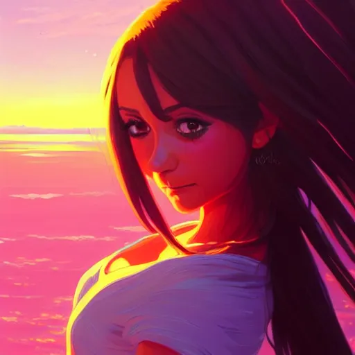 Image similar to nina dobrev, sunset background, intricate, highly detailed, digital painting, artstation, official media, anime key visual, concept art, rich vivid colors, ambient lighting, sharp focus, illustration, art by Artgerm, Makoto Shinkai, Ilya Kuvshinov, Lois Van Baarle, and Rossdraws